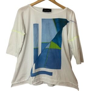 Ozai N Ku Women White Abstract Geometric 3/4 Sleeve Cotton Modern Top S Artistic